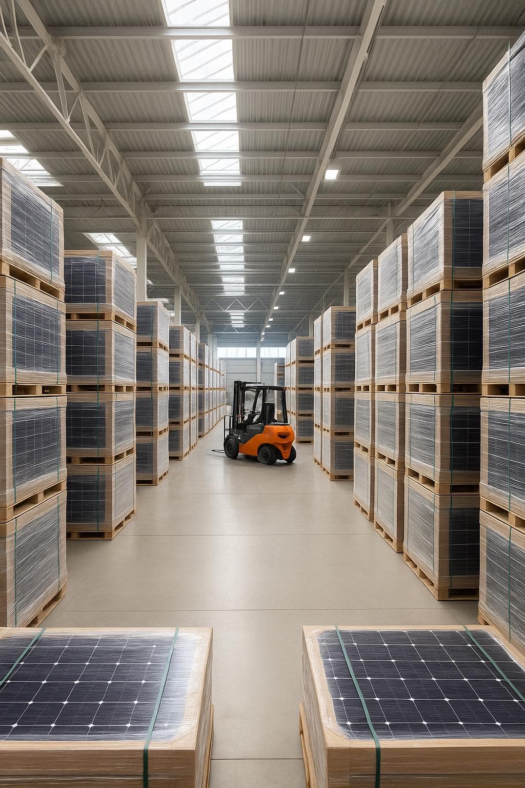 Warehouse stocked with photovoltaic modules ready for European distribution